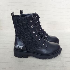 NEW DKNY Youth Girls Black Faux Leather Crystal Side Zip Boots Shoes Size 12